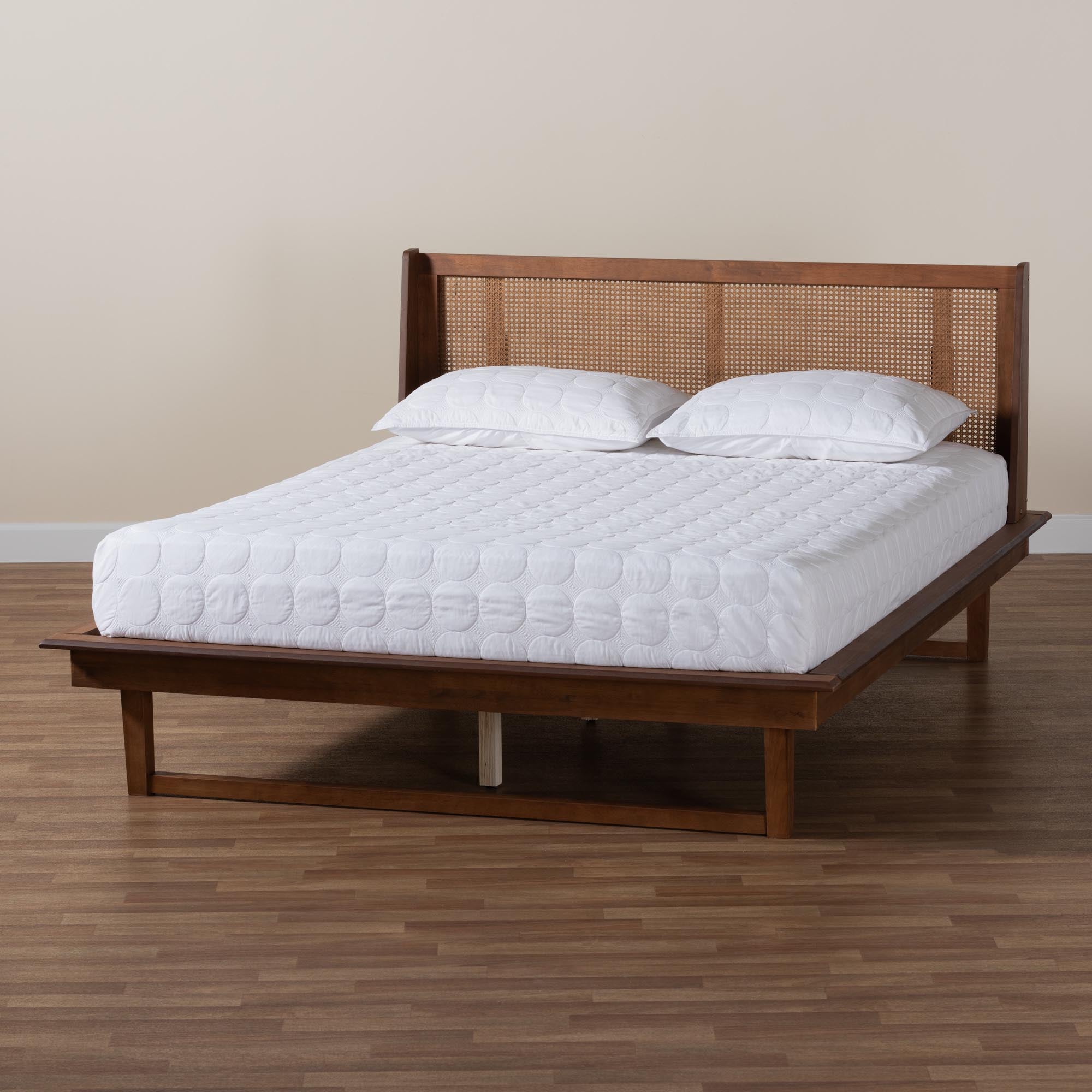 Emmie Queen Wood Mid-Century Modern Platform Bed – Woven Rattan Wingback Design