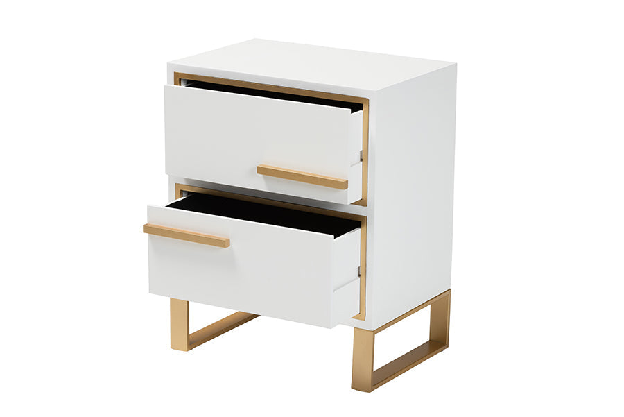 Giolla Contemporary White Finished Wood and Gold Metal 2-Drawer End Table