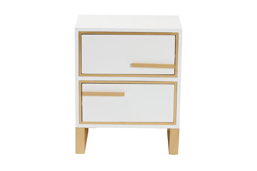 Giolla Contemporary White Finished Wood and Gold Metal 2-Drawer End Table