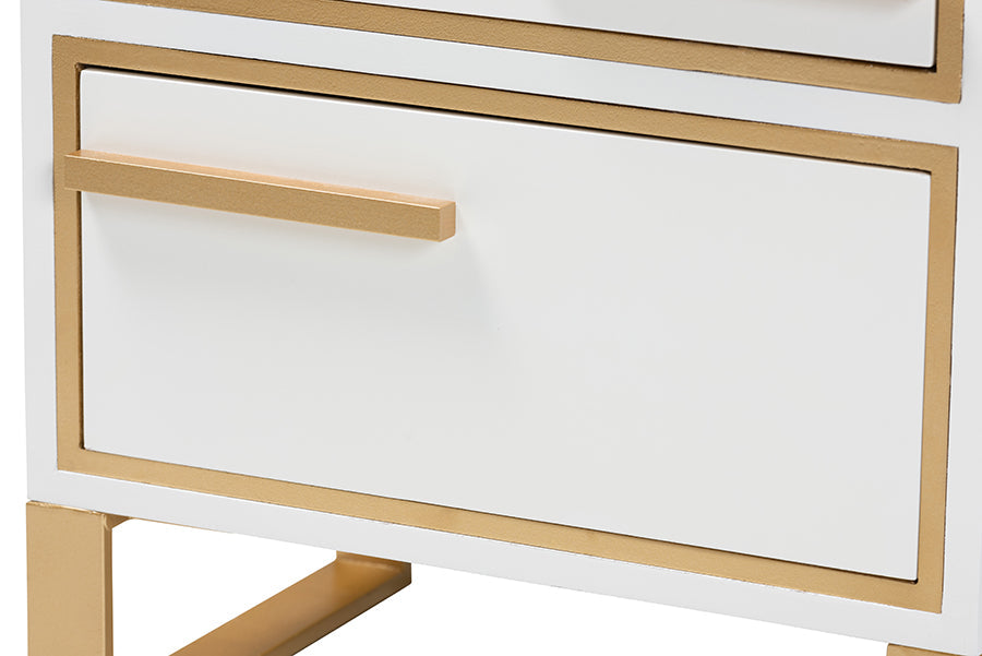 Giolla Contemporary White Finished Wood and Gold Metal 2-Drawer End Table