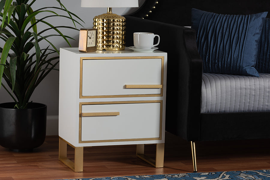 Giolla Contemporary White Finished Wood and Gold Metal 2-Drawer End Table