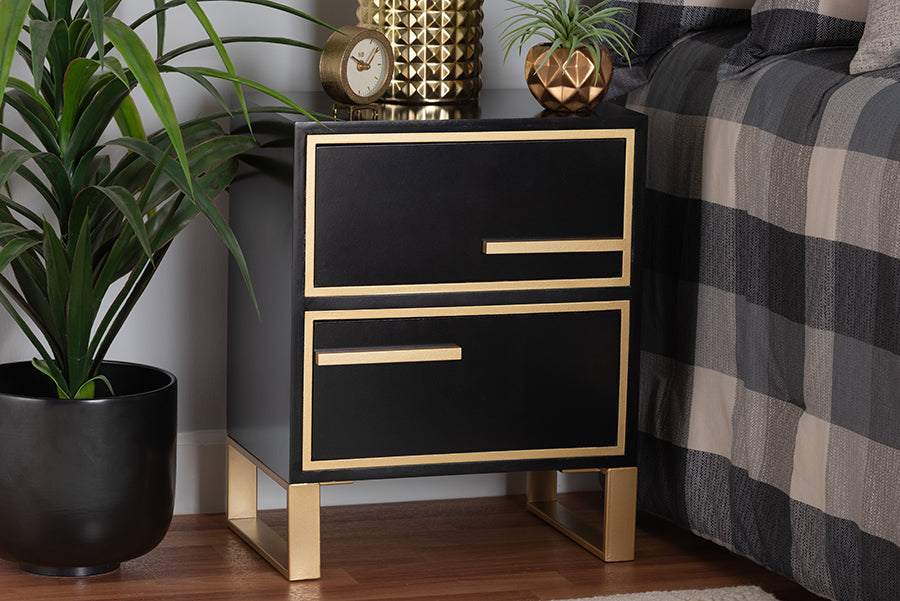 Giolla Contemporary Black Finished Wood and Gold Metal 2-Drawer End Table