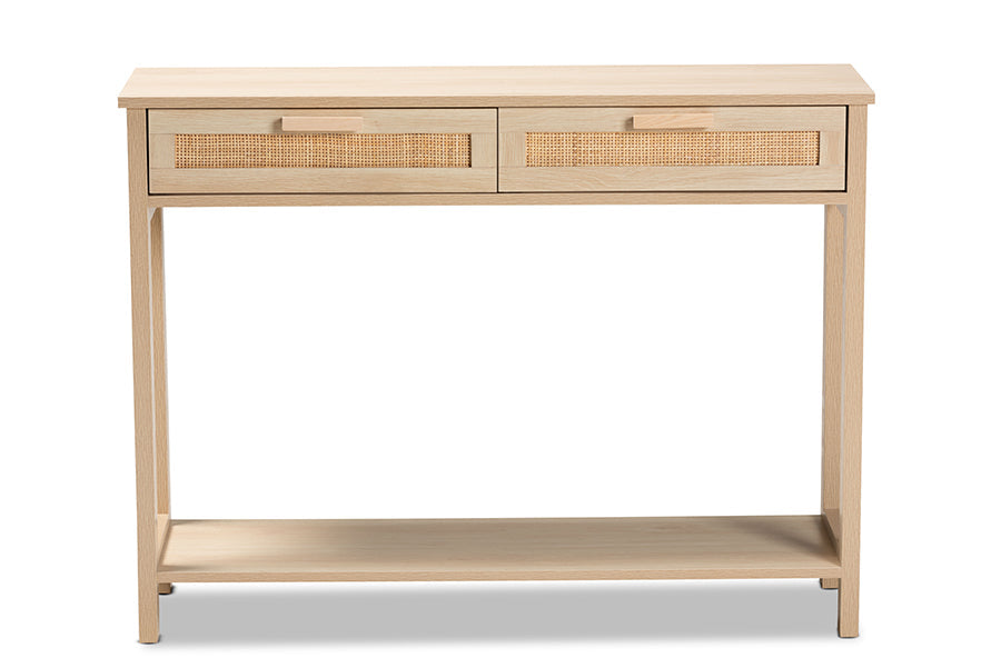 Sebille Mid-Century Modern Light Brown Finished Wood 2-Drawer Console Table with Natural Rattan