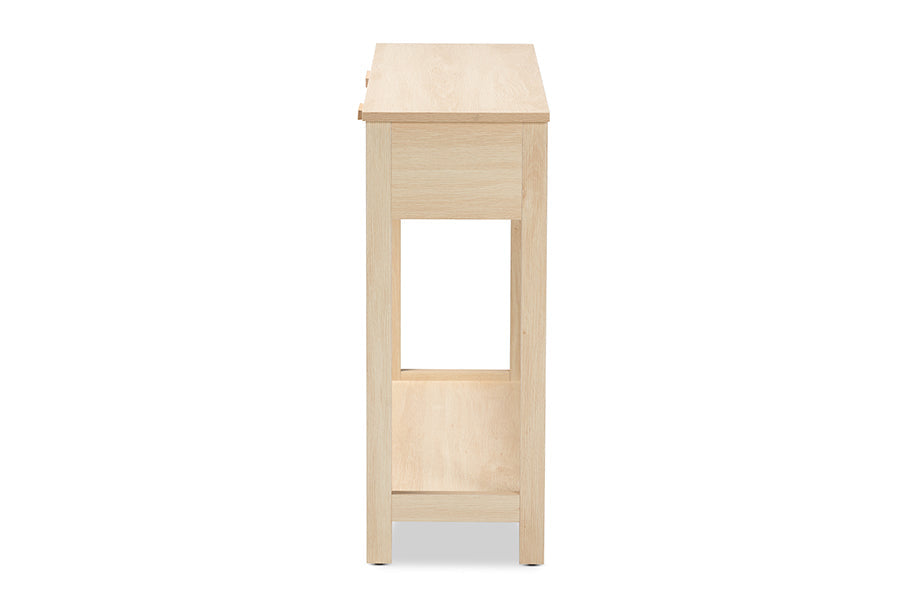 Sebille Mid-Century Modern Light Brown Finished Wood 2-Drawer Console Table with Natural Rattan