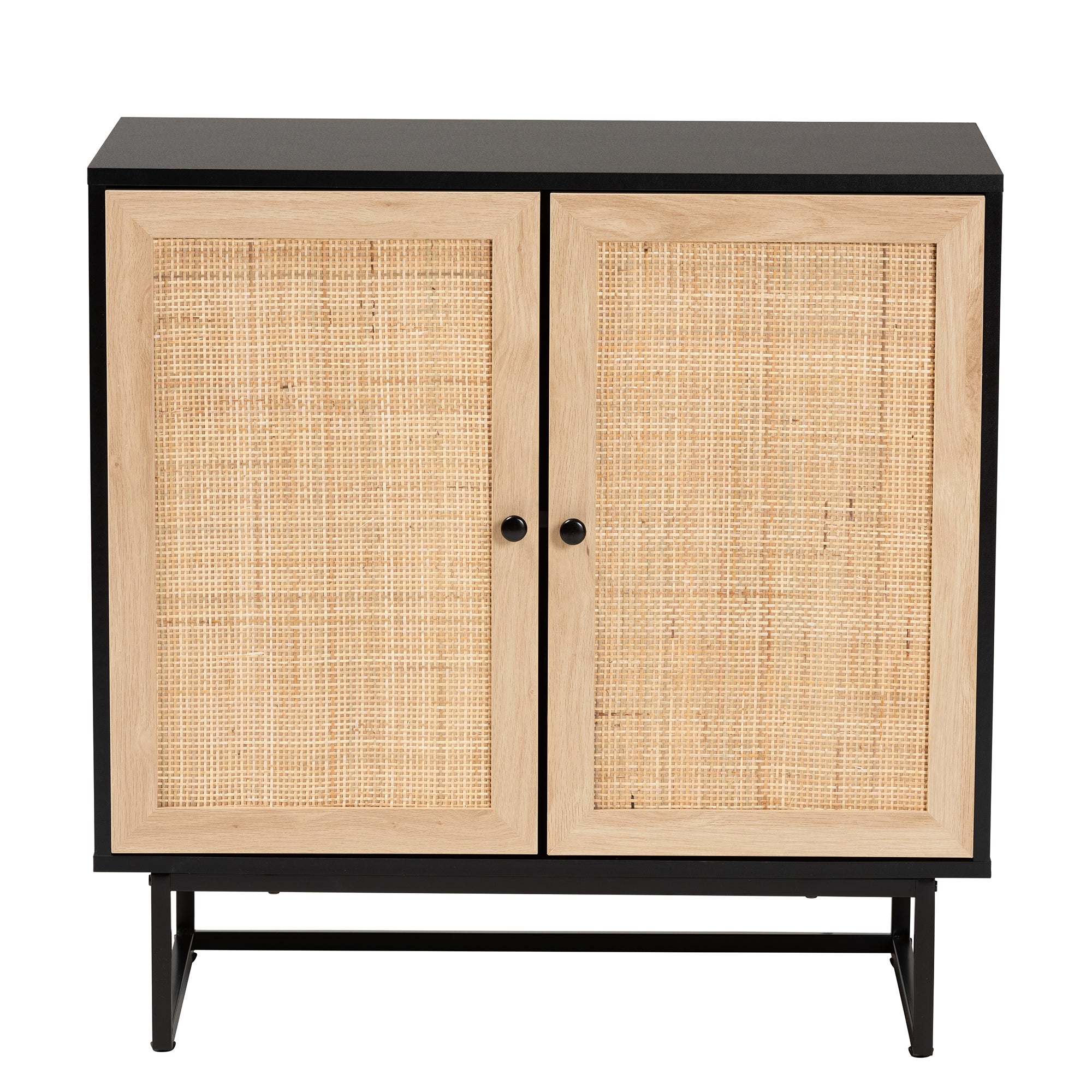 Declan Mid-Century Modern Espresso Brown Finished Wood and Natural Rattan 2-Door Storage Cabinet