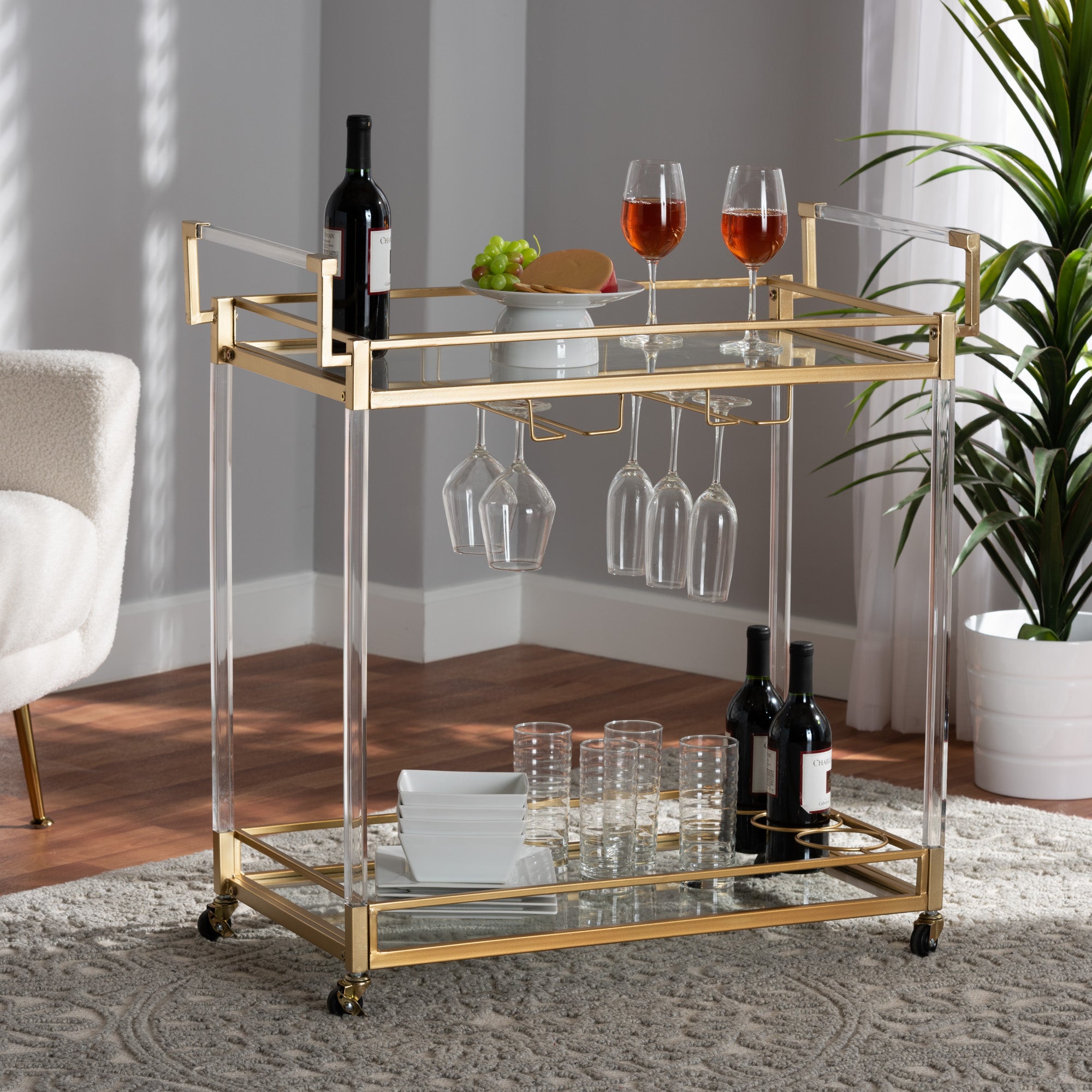 Savannah Contemporary and Gold Metal and Glass Wine Cart