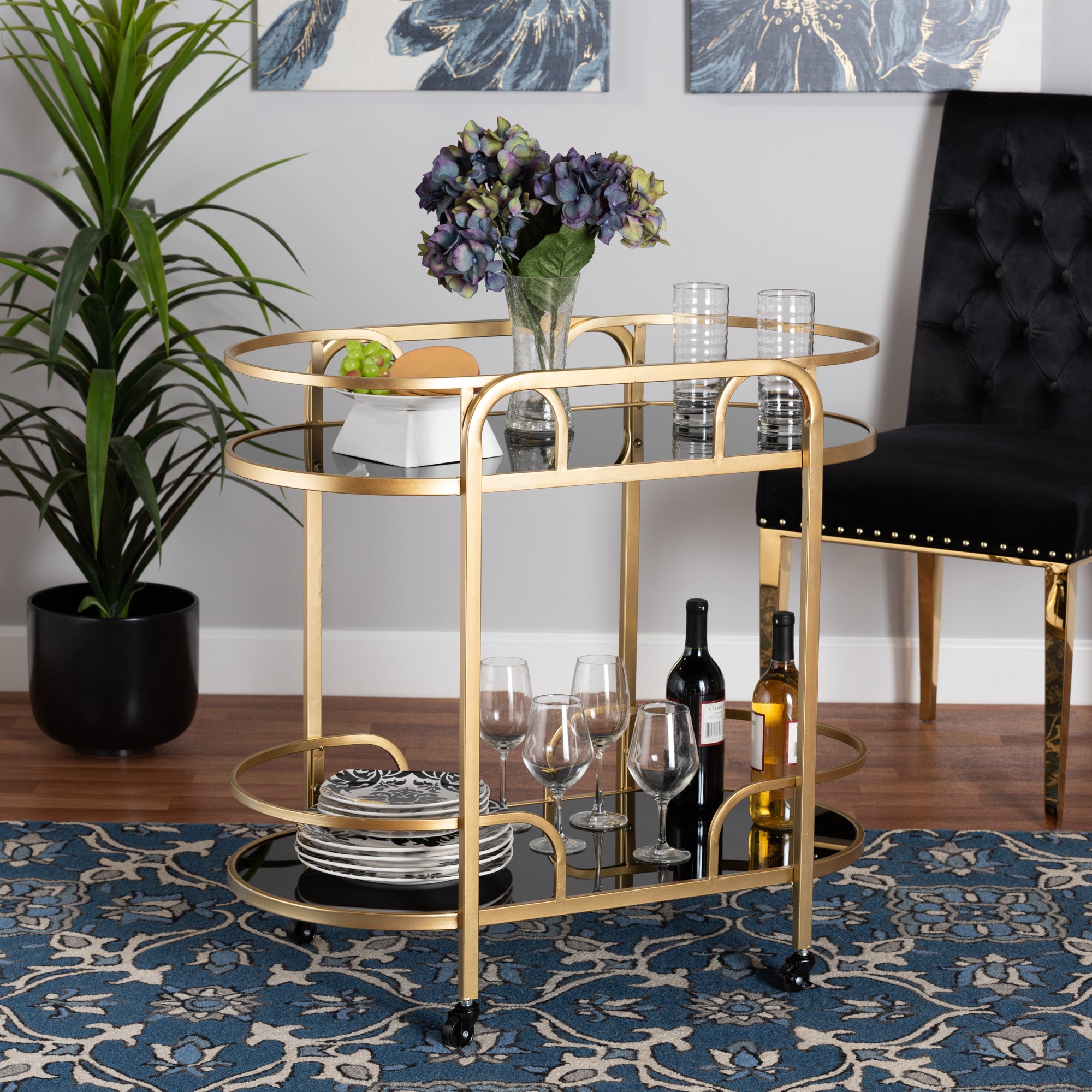 Leighton Contemporary and Gold Metal and Tempered Glass 2-Tier Wine Cart