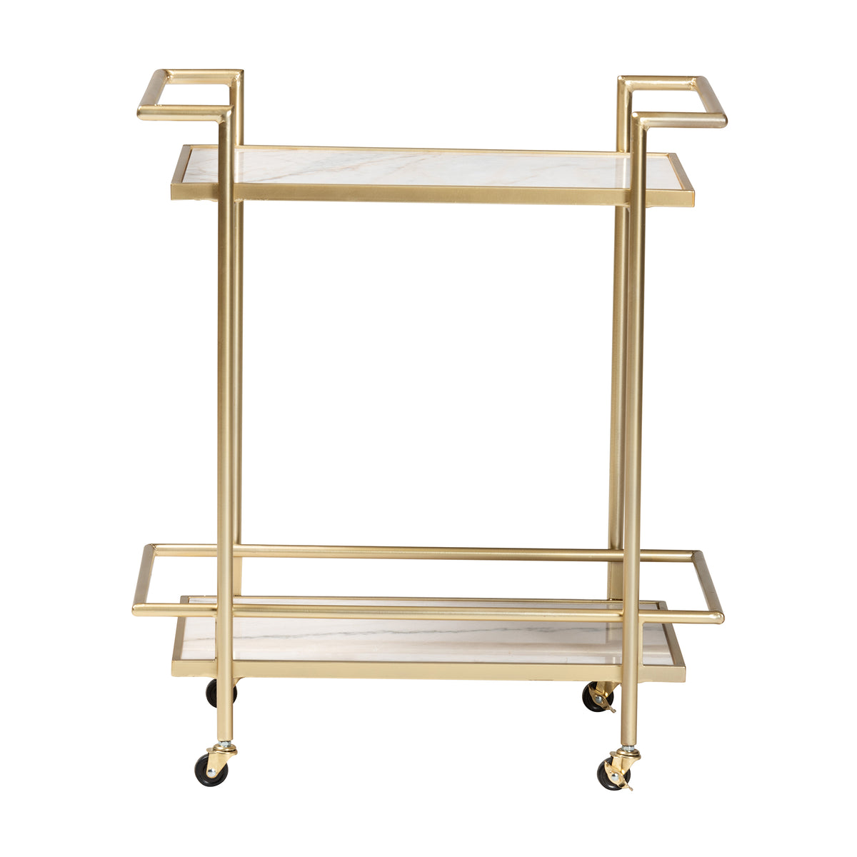 Louise Contemporary and Gold Metal and White Marble 2-Tier Wine Cart