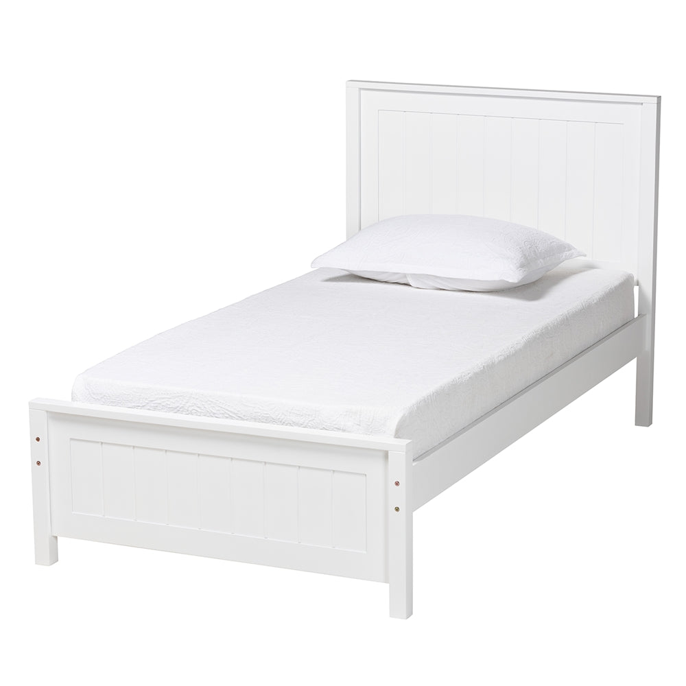 Sher Twin Size Solid Wood Platform Bed – White Traditional Bed with Inset Paneling
