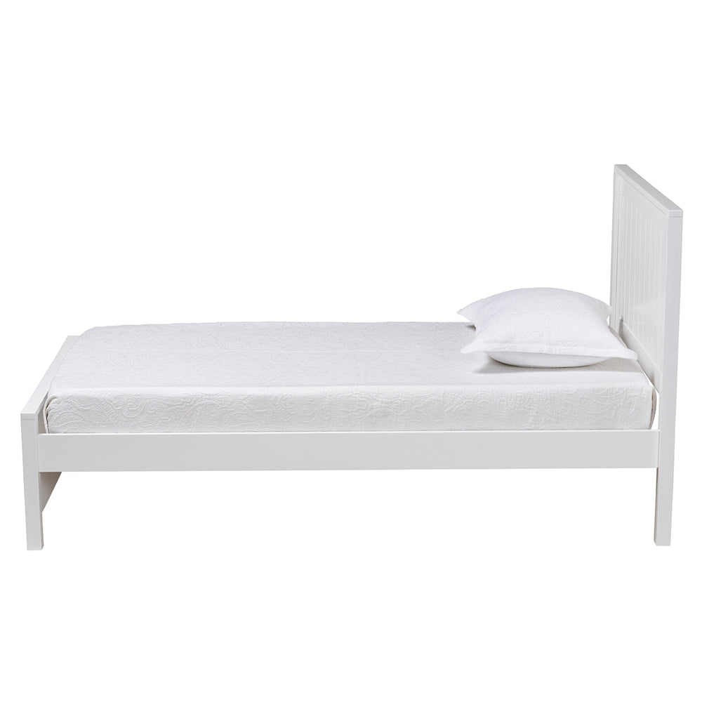 Sher Twin Size Solid Wood Platform Bed – White Traditional Bed with Inset Paneling