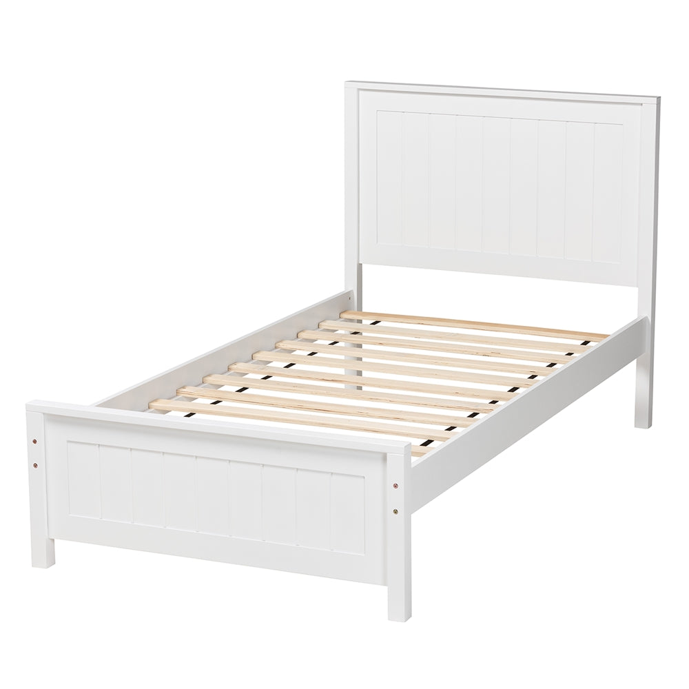 Sher Twin Size Solid Wood Platform Bed – White Traditional Bed with Inset Paneling