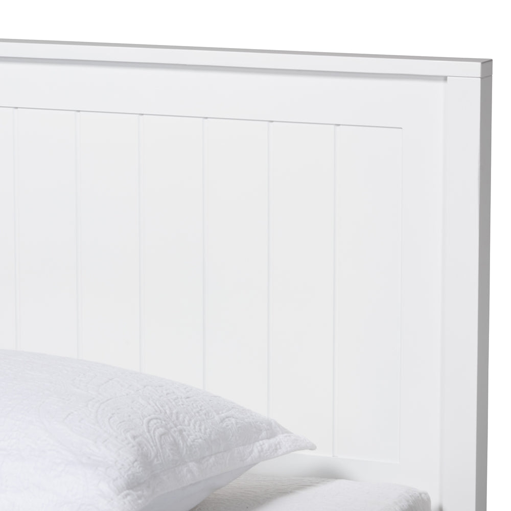Sher Twin Size Solid Wood Platform Bed – White Traditional Bed with Inset Paneling