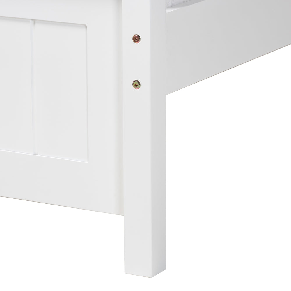 Sher Twin Size Solid Wood Platform Bed – White Traditional Bed with Inset Paneling