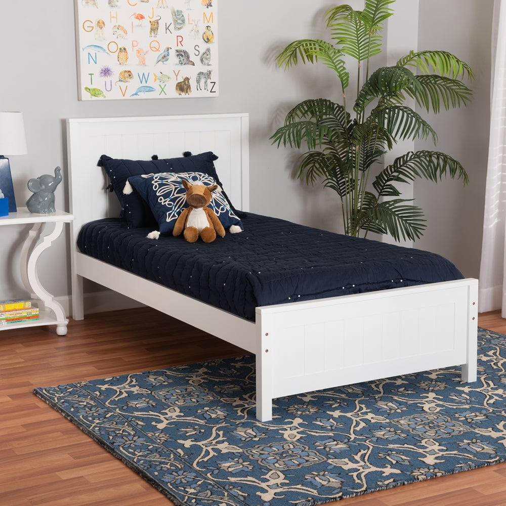 Sher Twin Size Solid Wood Platform Bed – White Traditional Bed with Inset Paneling