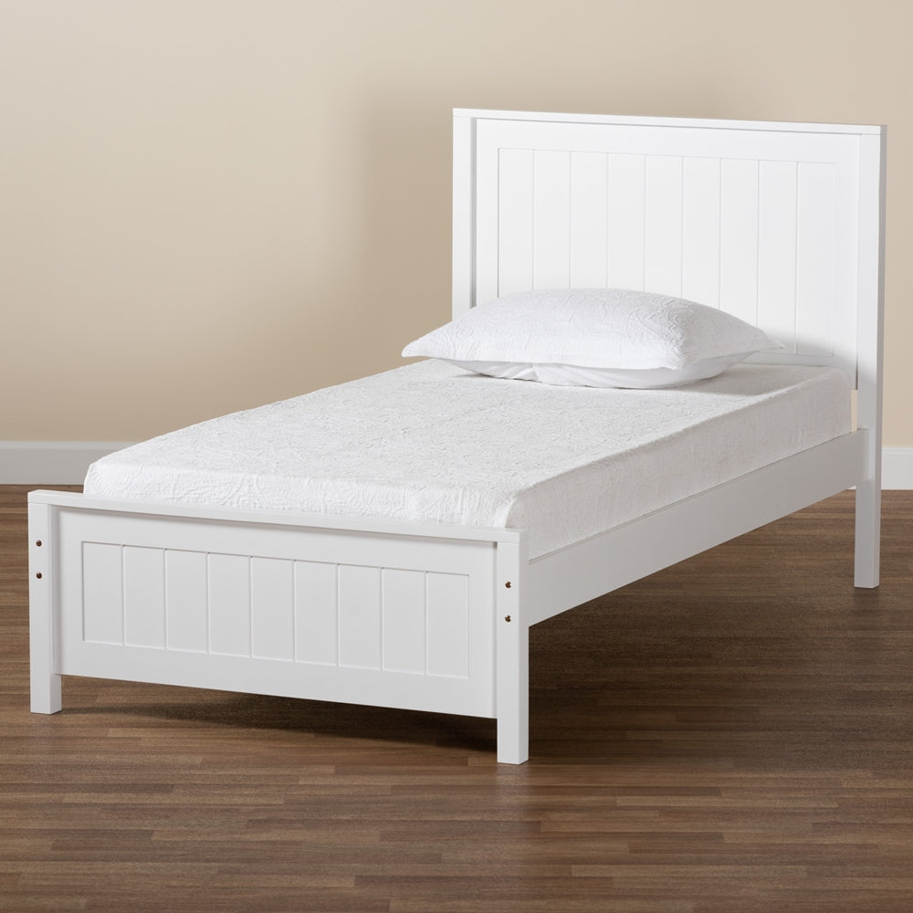 Sher Twin Size Solid Wood Platform Bed – White Traditional Bed with Inset Paneling