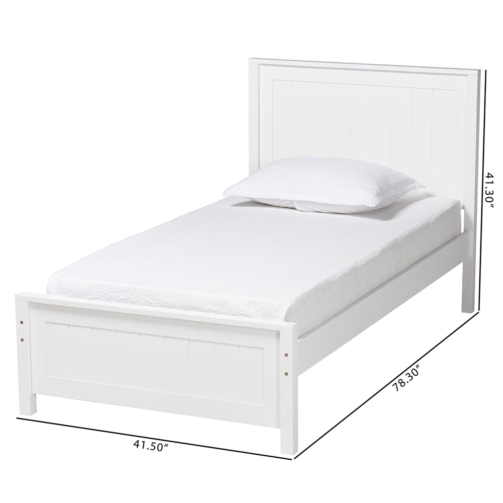Sher Twin Size Solid Wood Platform Bed – White Traditional Bed with Inset Paneling