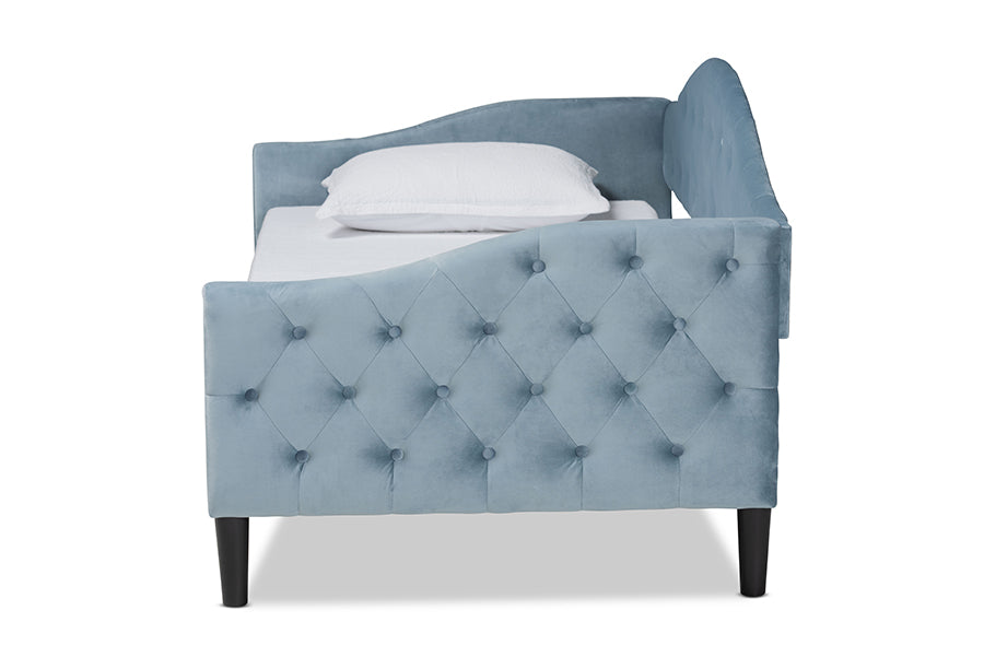 Benjamin Modern and Contemporary Light Blue Velvet Fabric Upholstered and Dark Brown Finished Wood Full Size Daybed
