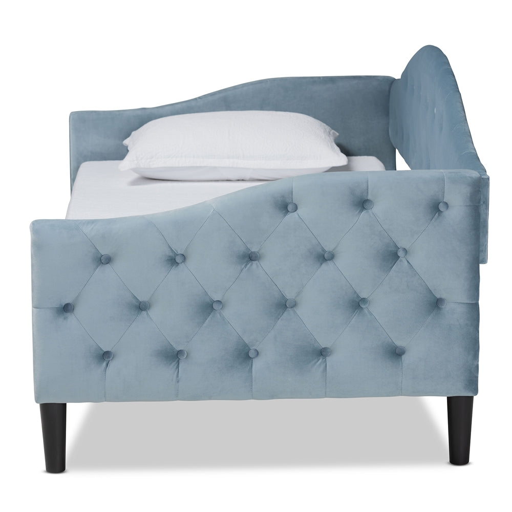 Benjamin Modern and Contemporary Light Blue Velvet Fabric Upholstered and Dark Brown Finished Wood Full Size Daybed