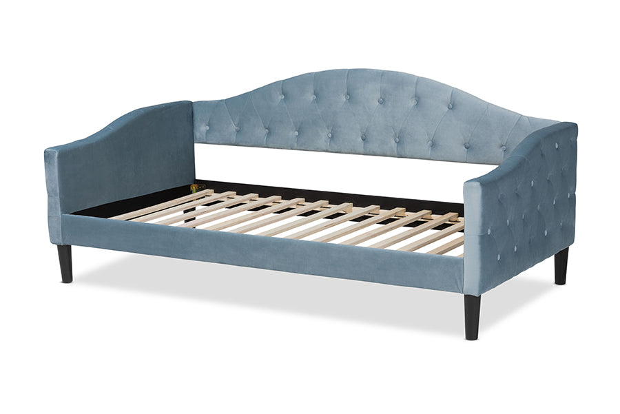 Benjamin Modern and Contemporary Light Blue Velvet Fabric Upholstered and Dark Brown Finished Wood Full Size Daybed