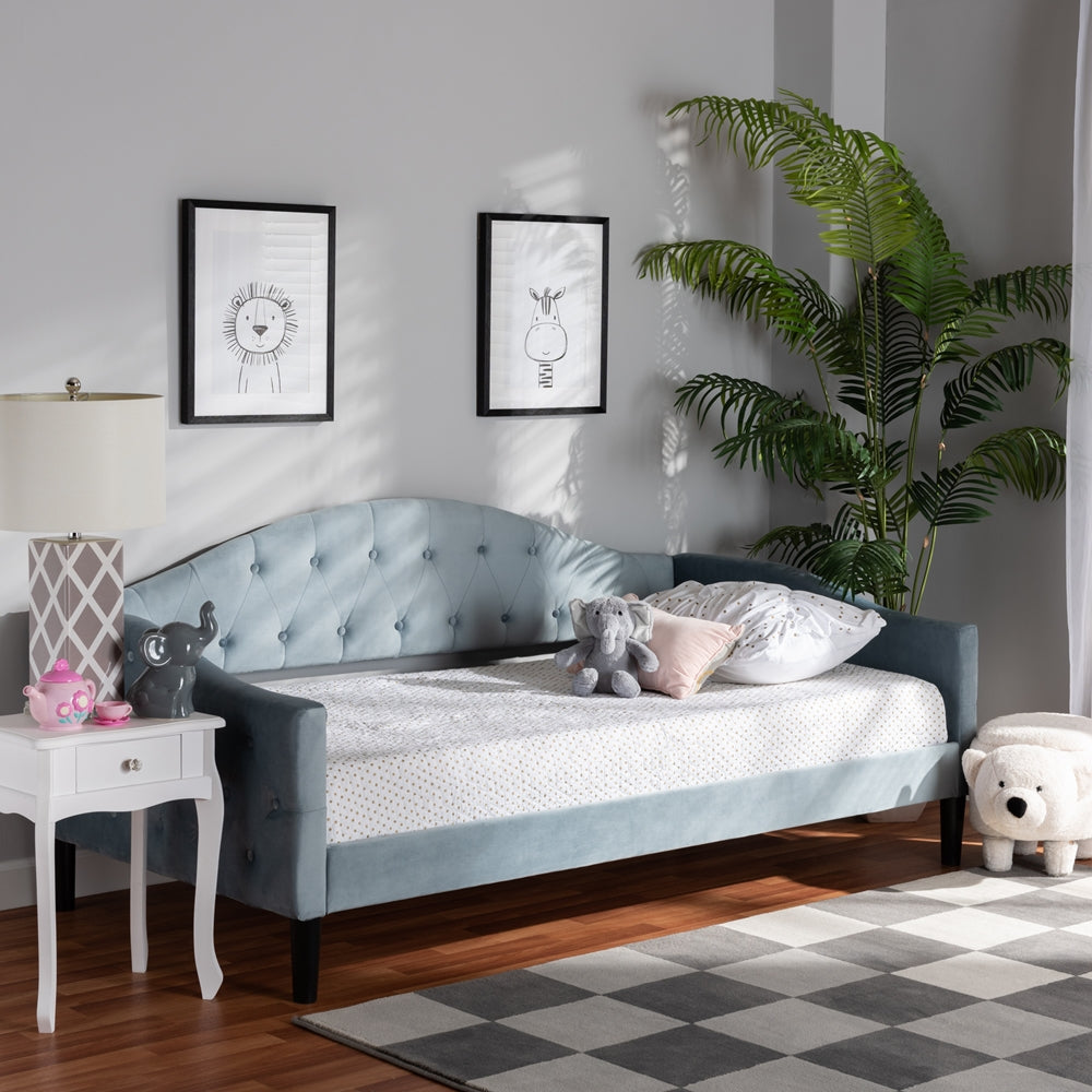 Benjamin Modern and Contemporary Light Blue Velvet Fabric Upholstered and Dark Brown Finished Wood Full Size Daybed