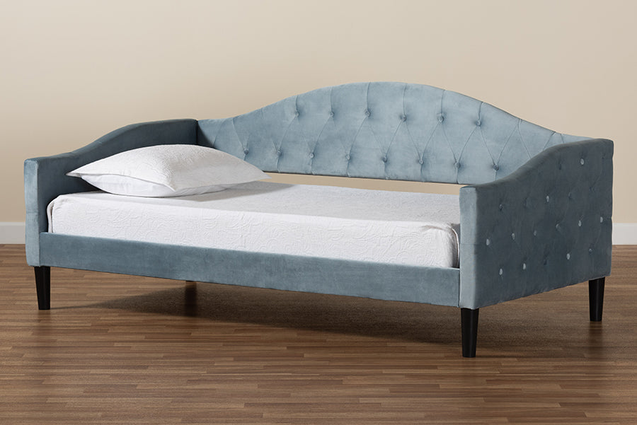 Benjamin Modern and Contemporary Light Blue Velvet Fabric Upholstered and Dark Brown Finished Wood Full Size Daybed