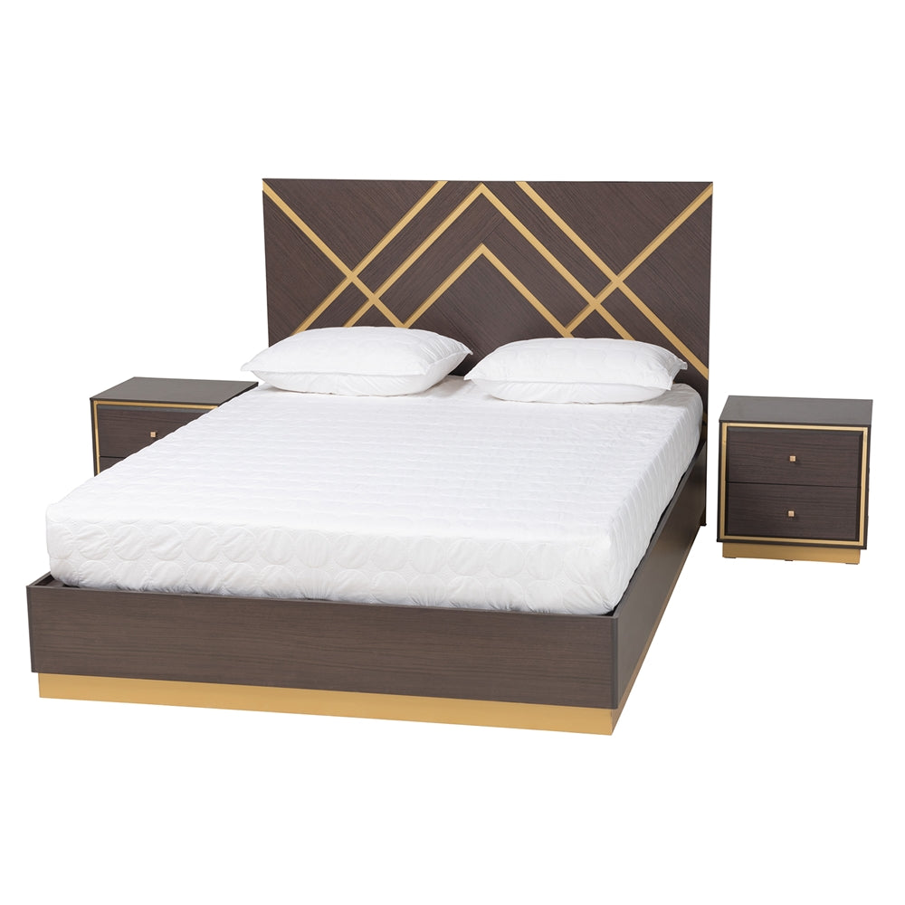 Benford 3-Piece Queen Wood Bedroom Set – Two-Tone Dark Brown and Gold Luxe Style
