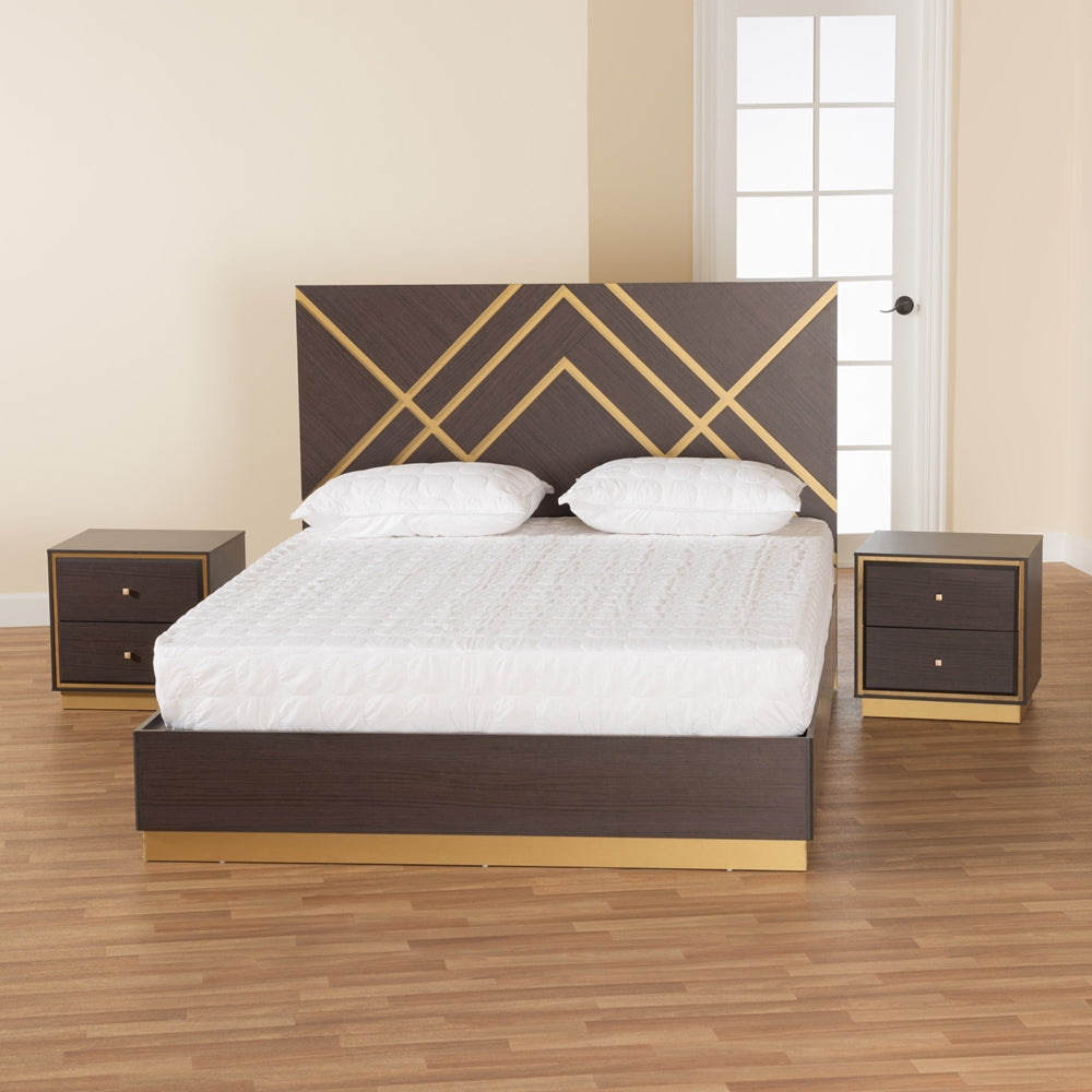 Benford 3-Piece Queen Wood Bedroom Set – Two-Tone Dark Brown and Gold Luxe Style