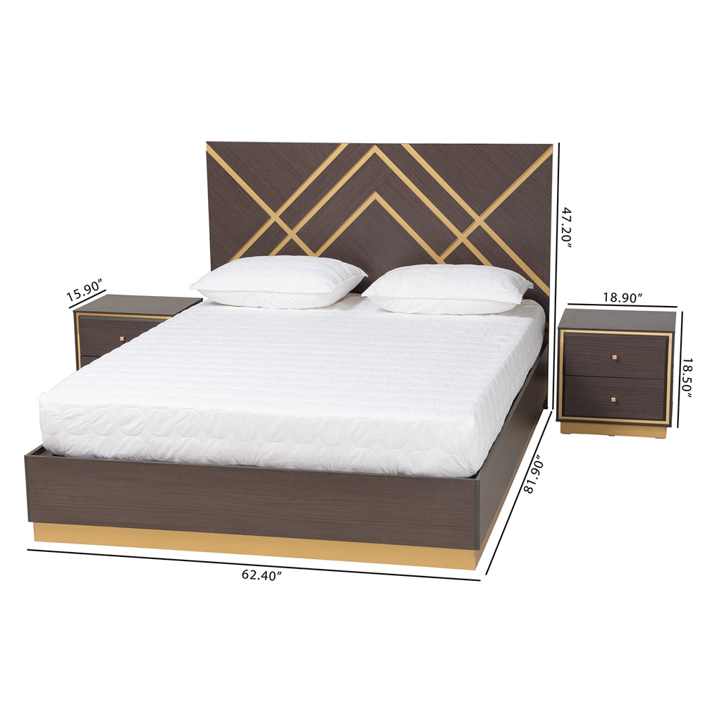 Benford 3-Piece Queen Wood Bedroom Set – Two-Tone Dark Brown and Gold Luxe Style