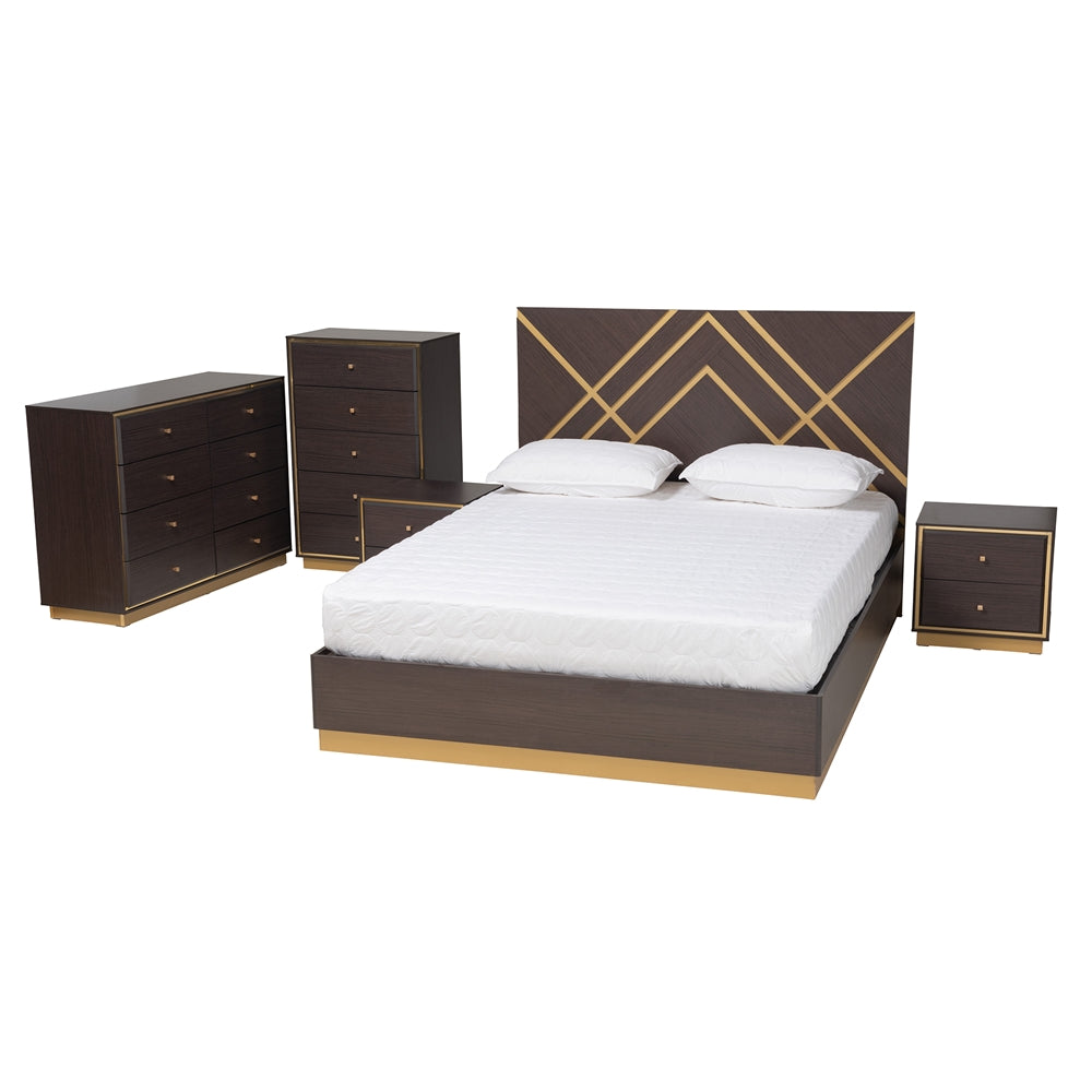 Yunis Queen Contemporary Wood Bed – Glam Design with Metallic Gold Trim