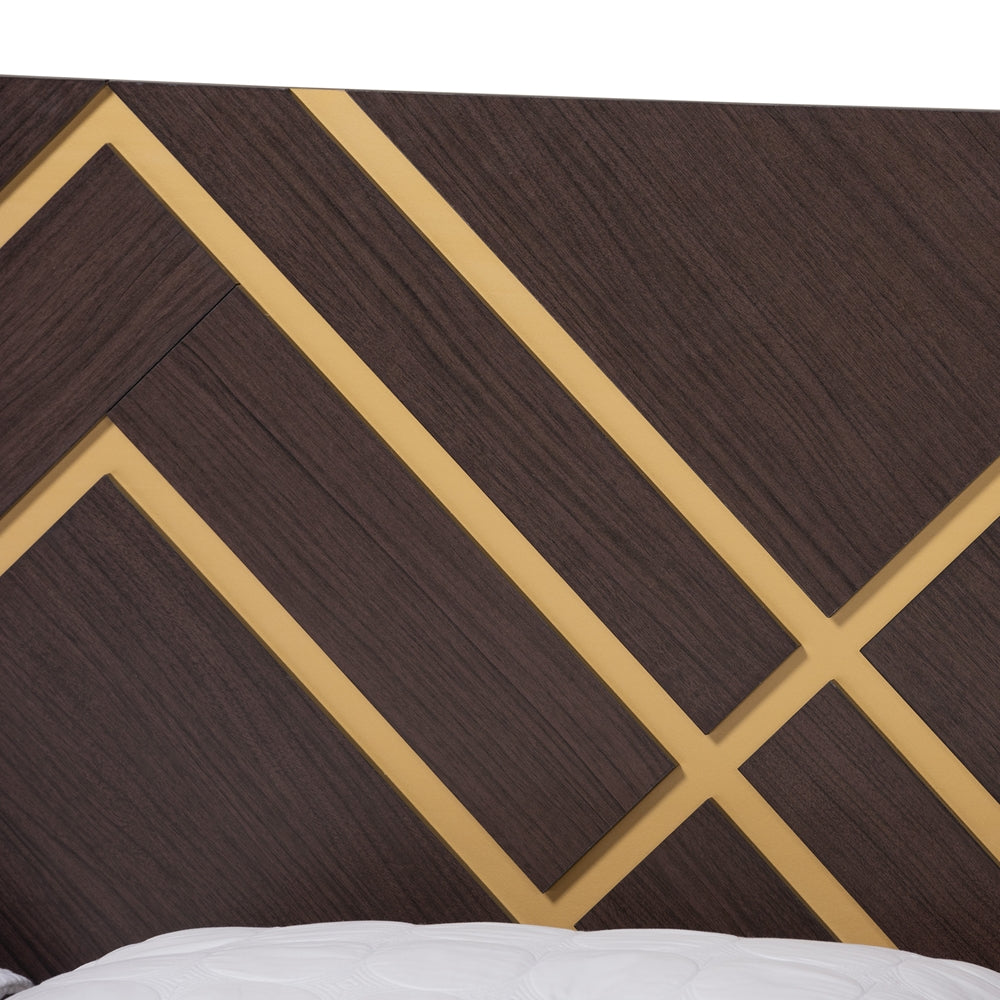 Yunis Queen Contemporary Wood Bed – Glam Design with Metallic Gold Trim