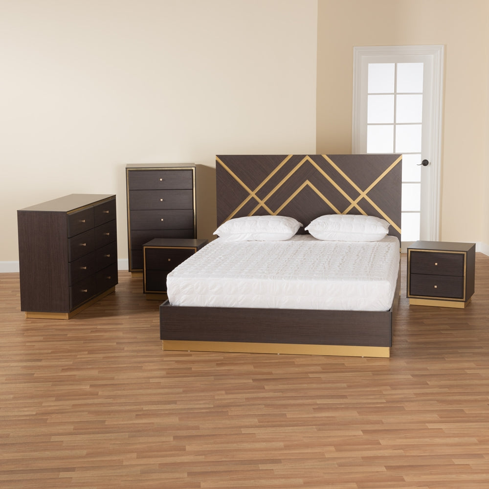 Yunis Queen Contemporary Wood Bed – Glam Design with Metallic Gold Trim