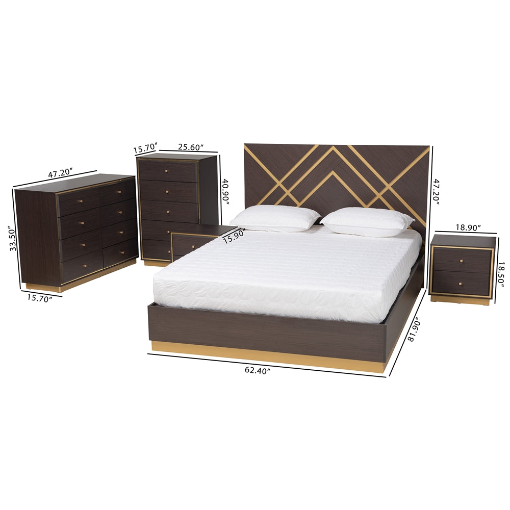 Yunis Queen Contemporary Wood Bed – Glam Design with Metallic Gold Trim