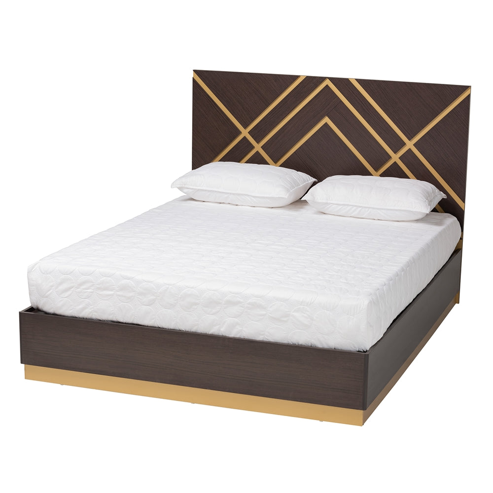 Yunis Queen Contemporary Wood Bed – Glam Design with Metallic Gold Trim
