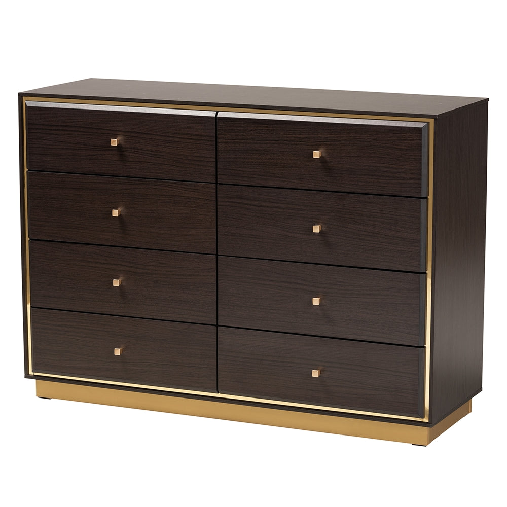 Yunis Queen Contemporary Wood Bed – Glam Design with Metallic Gold Trim