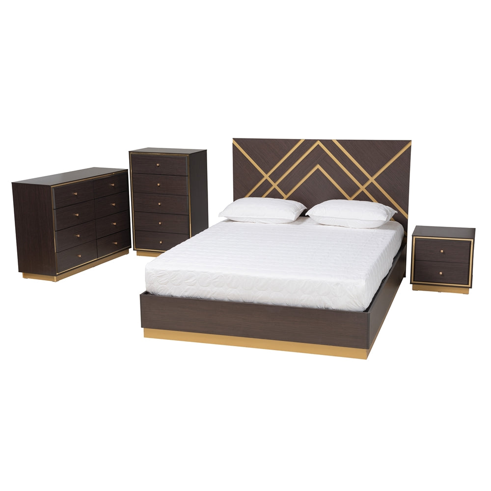 Odilia Queen Wood Bed – Contemporary Glam Two-Tone Dark Brown & Gold Finish