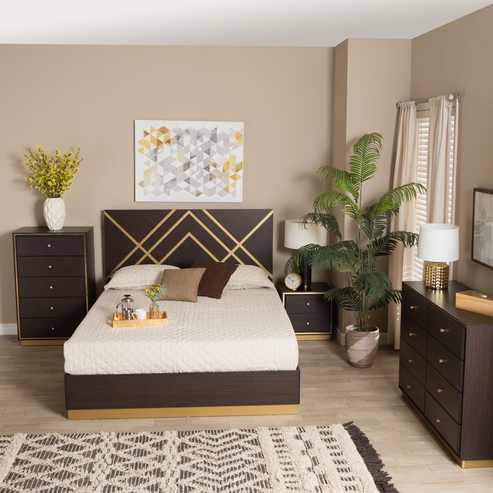 Odilia Queen Wood Bed – Contemporary Glam Two-Tone Dark Brown & Gold Finish