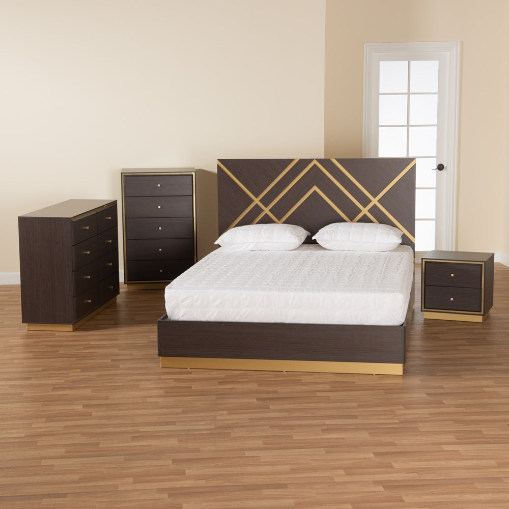 Odilia Queen Wood Bed – Contemporary Glam Two-Tone Dark Brown & Gold Finish