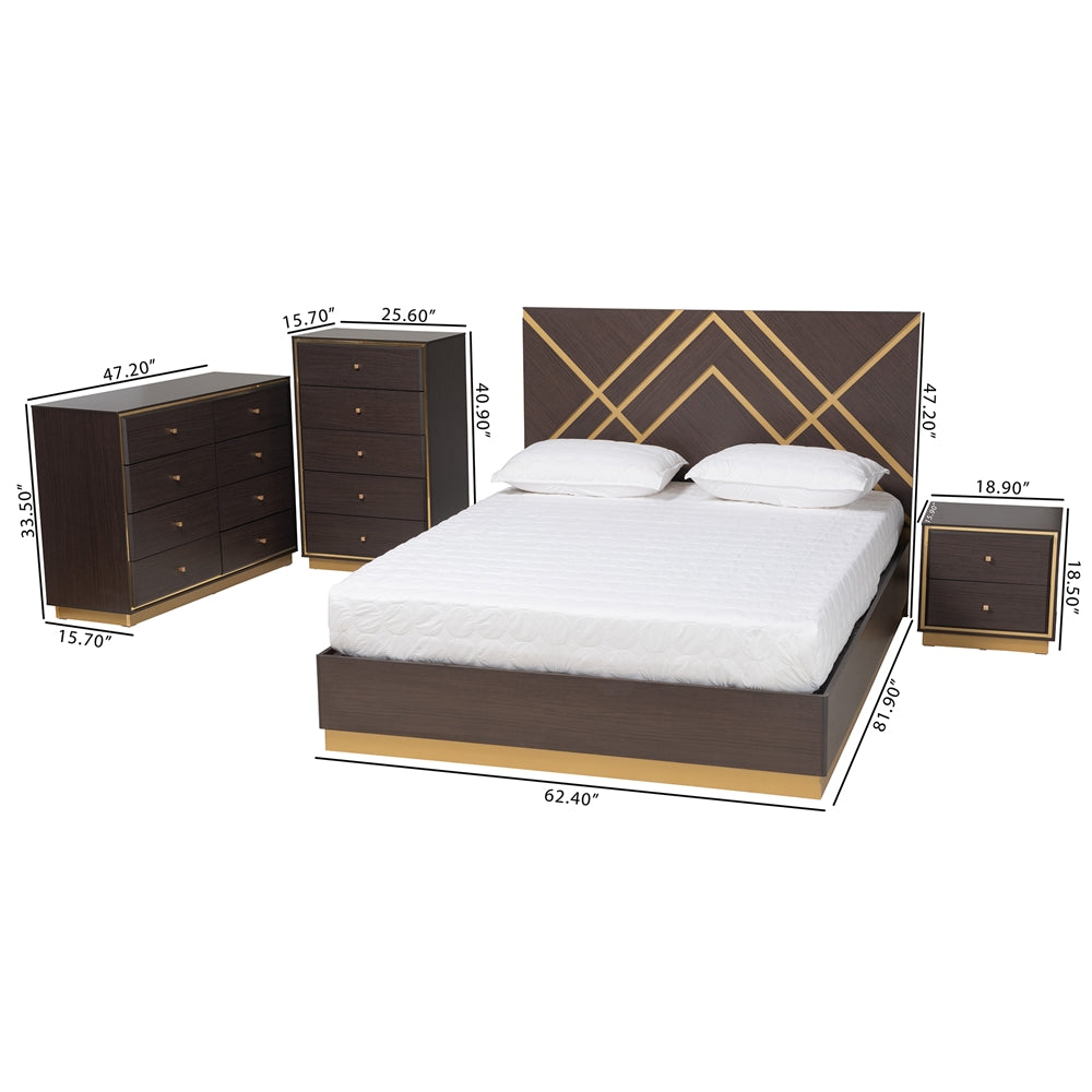Odilia Queen Wood Bed – Contemporary Glam Two-Tone Dark Brown & Gold Finish