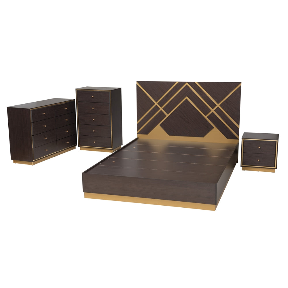Odilia Queen Wood Bed – Contemporary Glam Two-Tone Dark Brown & Gold Finish