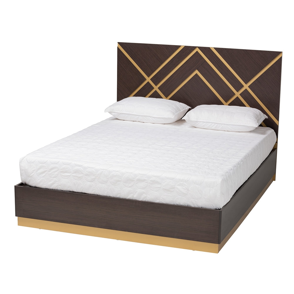 Odilia Queen Wood Bed – Contemporary Glam Two-Tone Dark Brown & Gold Finish