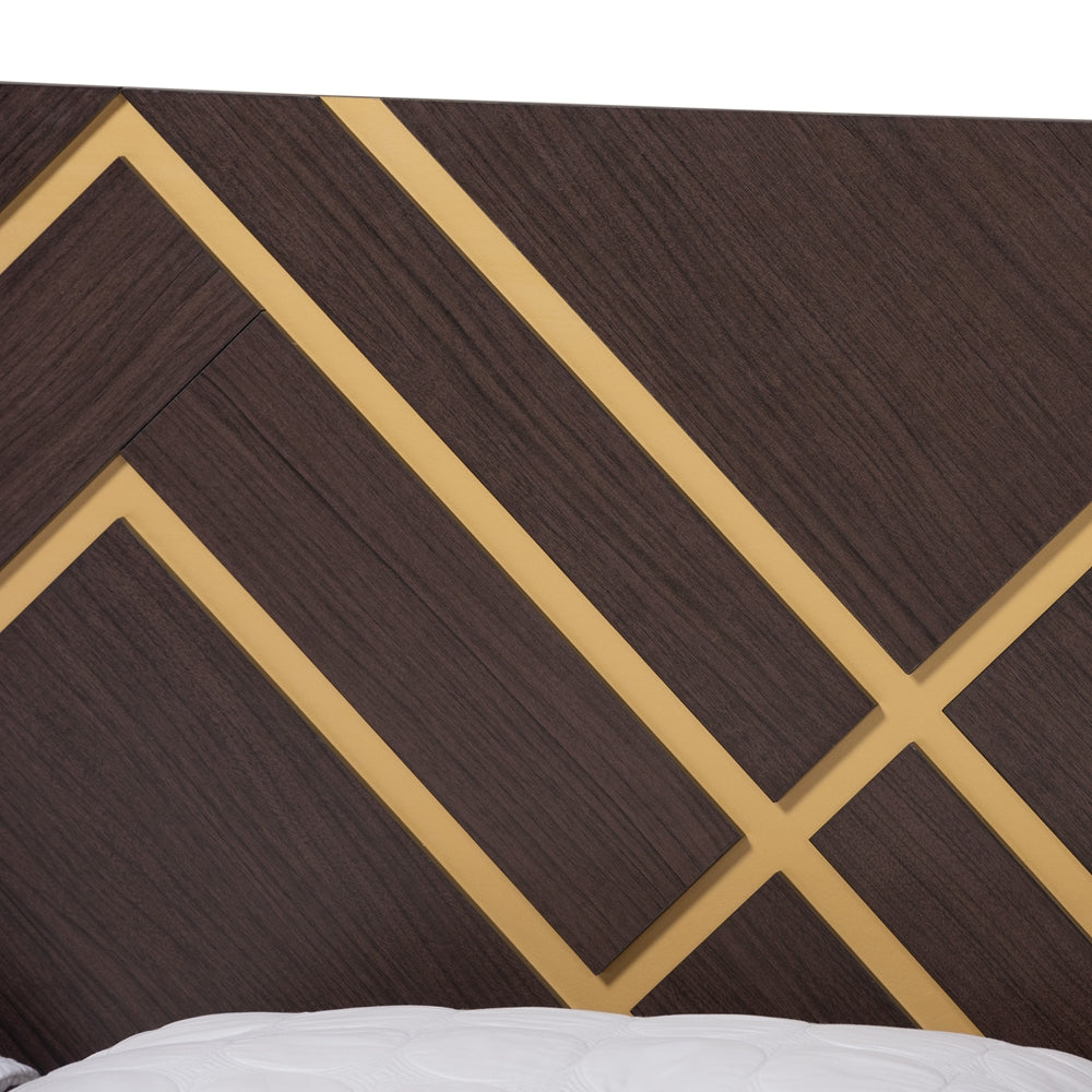 Odilia Queen Wood Bed – Contemporary Glam Two-Tone Dark Brown & Gold Finish