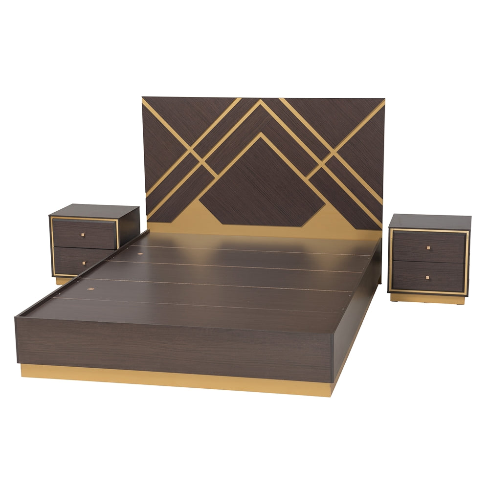 Benford 3-Piece Queen Wood Bedroom Set – Two-Tone Dark Brown and Gold Luxe Style