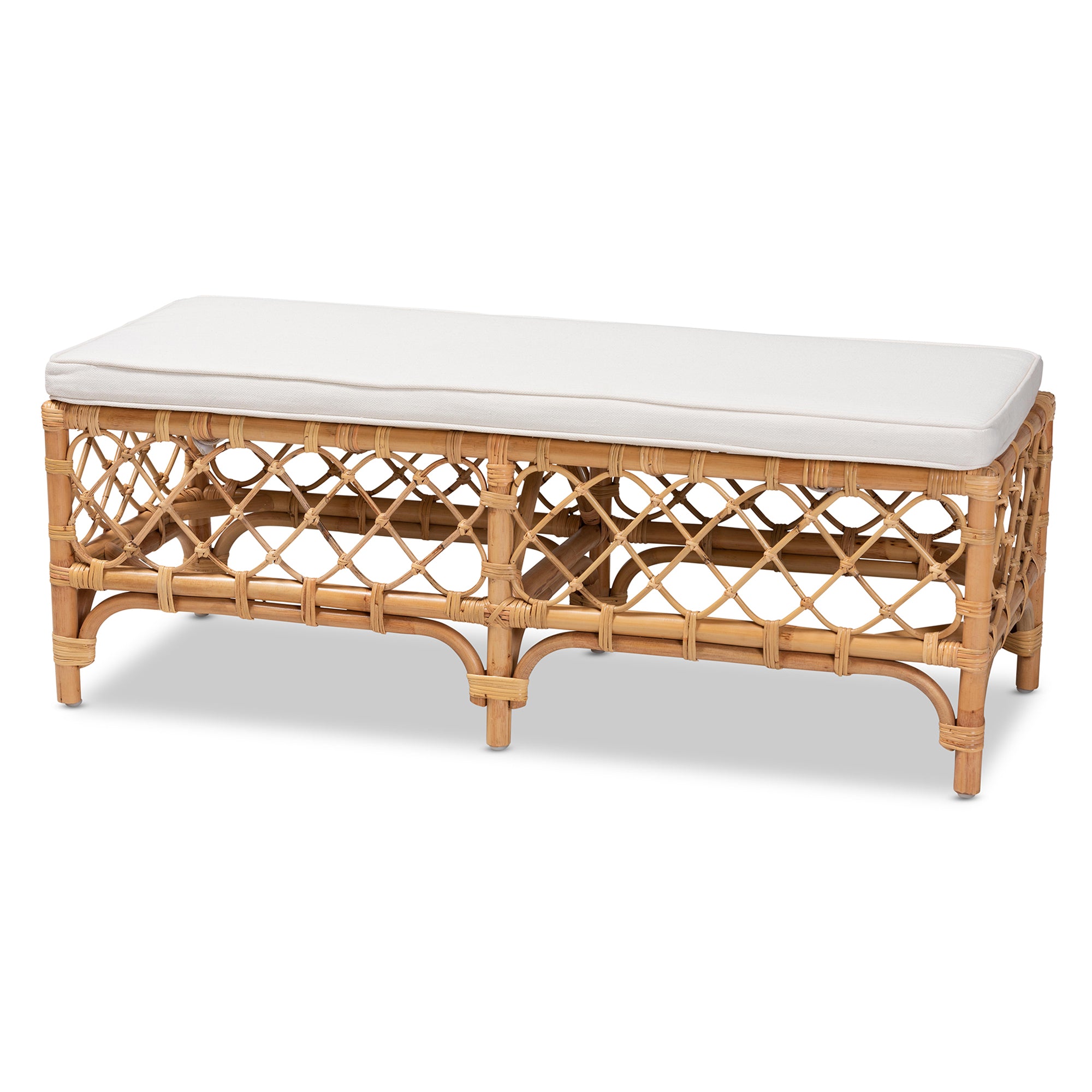 bali & pari Orchard Modern Bohemian White Fabric Upholstered and Natural Brown Rattan Bench