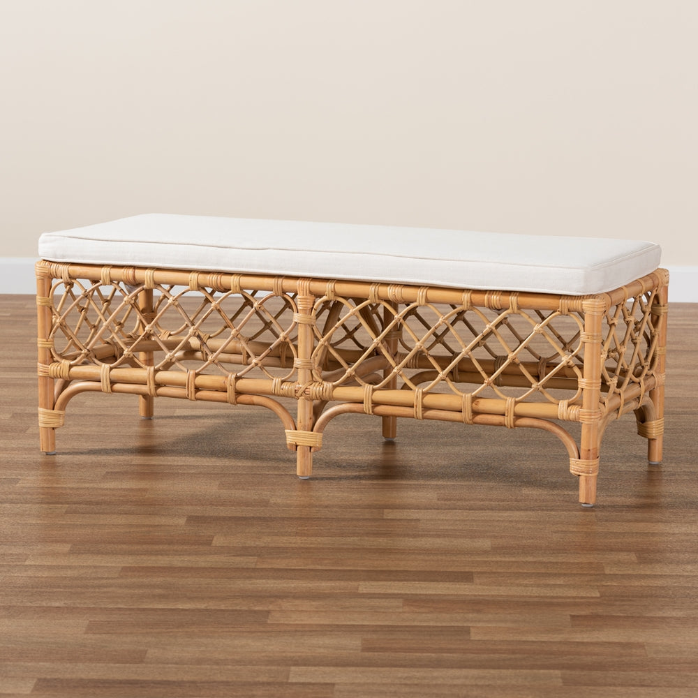Orchard Modern Bohemian White Fabric Upholstered and Natural Brown Rattan Bench