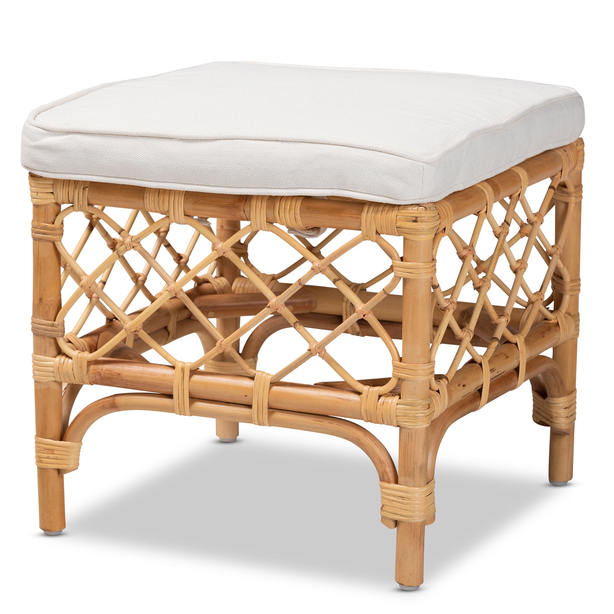 bali & pari Orchard Modern Bohemian White Fabric Upholstered and Natural Brown Rattan Ottoman