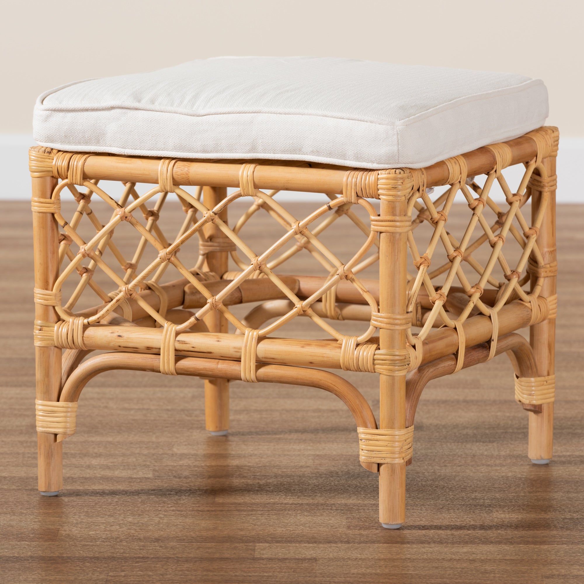 Orchard Modern Bohemian White Fabric Upholstered and Natural Brown Rattan Ottoman