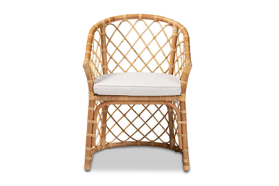 bali & pari Orchard Modern Bohemian White Fabric Upholstered and Natural Brown Rattan Dining Chair