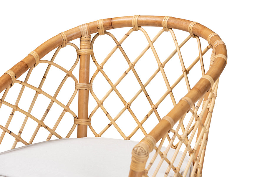 bali & pari Orchard Modern Bohemian White Fabric Upholstered and Natural Brown Rattan Dining Chair