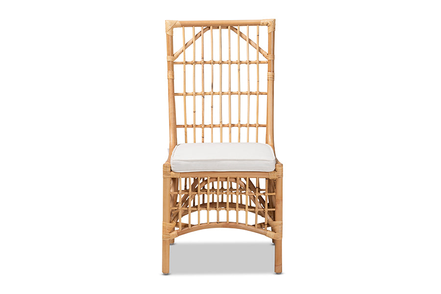 bali & pari Rose Modern Bohemian White Fabric Upholstered and Natural Brown Rattan Dining Chair