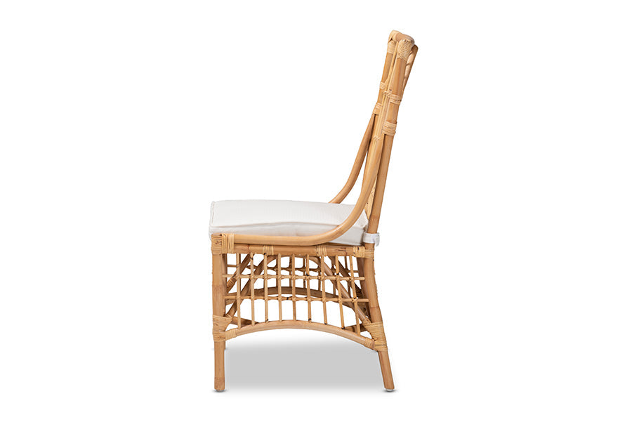 bali & pari Rose Modern Bohemian White Fabric Upholstered and Natural Brown Rattan Dining Chair